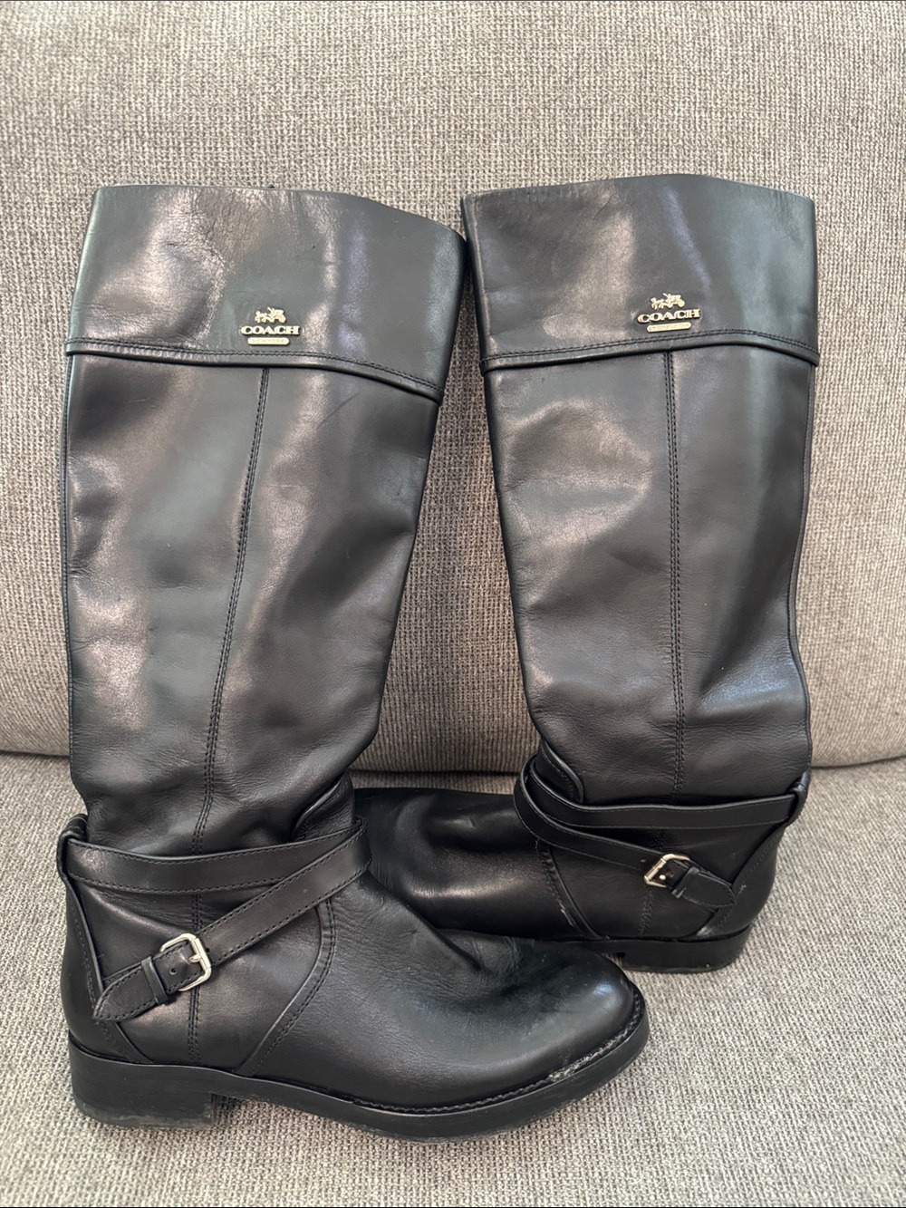 Coach Black Leather Mid-Calf Riding Boots with Buckle